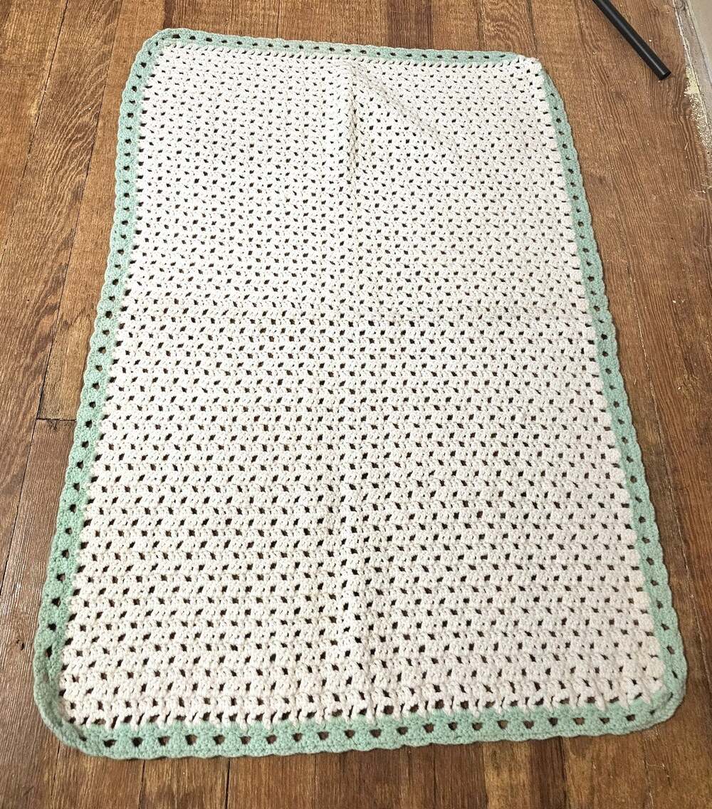 Homemade Crochet Baby Blanket With White And Green 36 X 26